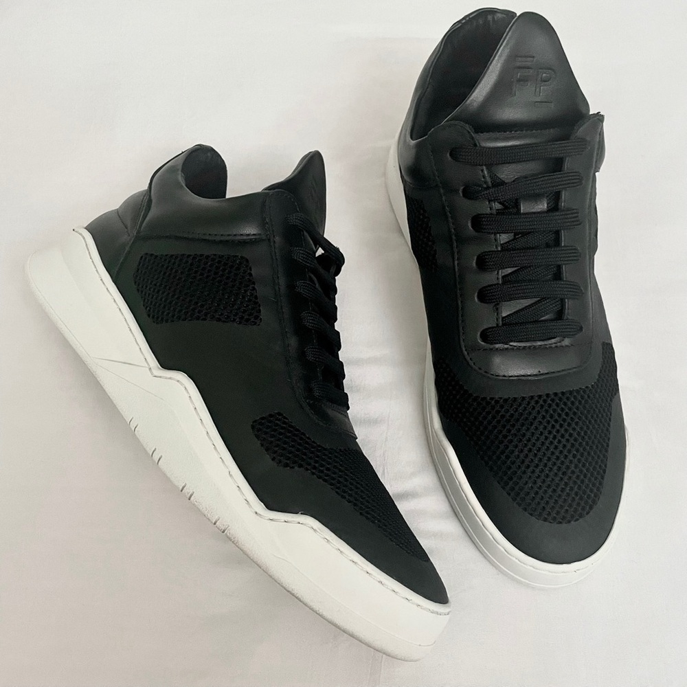 Filling Pieces Size 42 Ghost Microlane Low Top Black Leather White Sole Sneakers